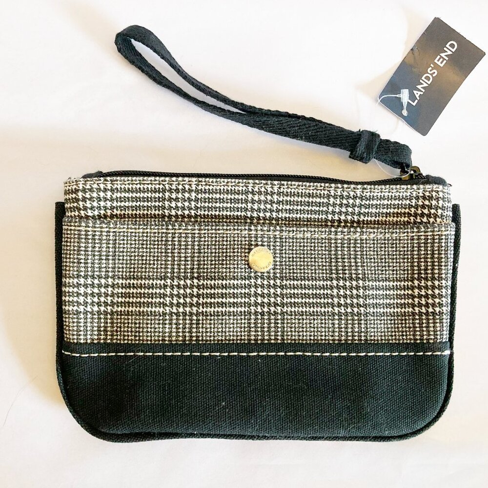 Lands End Houndstooth Canvas Zipper Pouch‎ Black and White NWT Wristlet